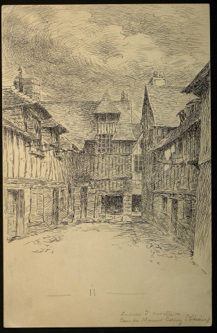 4 dessins de L. Patric : église de Rocques, cour du manoir de la Salamandre et cour du manoir Carrey (impasse d'Ouville) à Lisieux, porte des Cordeliers à Falaise.