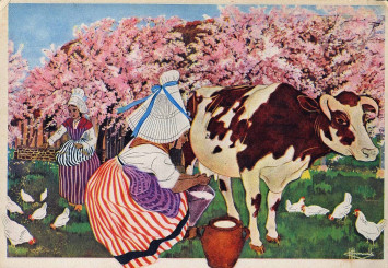 Deux femmes s'occupent des animaux sous des pommiers en fleurs. L'une nourrie les poules, l'autre trait une vache de race normande. Elles sont en costume traditionnel normand.