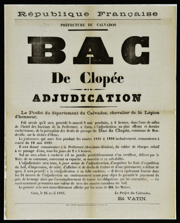 Adjudication du bac de Clopée à Mondeville, 1891, AD14, 3S/50
