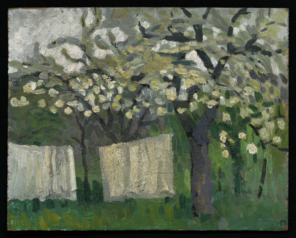 Puits devant maison (recto) et Draps étendus sous arbres en fleurs (verso), par Charles Toutain