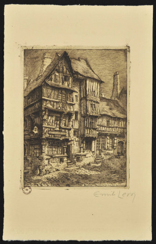 Bayeux. Maison de la rue des Cuisiniers./(Titre dans la plaque, en bas à droite.)/(Signature manuscrite, en bas à droite. 81Fi_21 : la signature manuscrite à l'envers en haut à gauche.)
