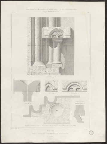 Prieuré et abbatiale de Saint-Gabriel : piscine et peintures murales du XIIIe siècle (planches extraites de "Revue générale de l'architecture et des travaux publics" dirigée par César Daly