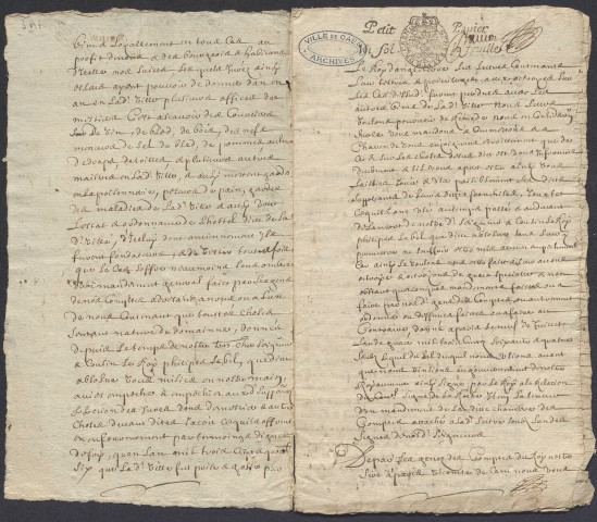 Privilèges donnés par : Charles V (1364 cop. XVIIe s.) , Henry VI d'Angleterre (1426) ; Lettres d'abolition de Charles VII (1450-1454) ; Levées d'impositions par Charles VII (1458-1460) ; Franchises données par Louis XI (1466-1467 ) ; Lettres d'abolition de Louis XI (1468) ; Privilèges donnés par : Louis XII (1498-1510) , François Ier (1514-1516) , Henri II (1547) , François II (1560) , Henry III (1577-1589), Henry IV (1591-1594) , Louis XIII (1611-1641) , Louis XIV (1653-1690) , Louis XV (1716-1717) ; Franc-alleu (1674)