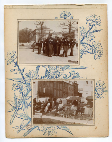 Défilé militaire sur la place Gambetta devant l'Hôtel de la préfecture à Caen (photo n°3) et sur la place du Parc (photo n°75) ; manœuvres et défilés militaires, place du lycée et devant le palais Fontette (photos n°87 et 88)
