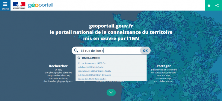 Capture d'écran de la page de recherche du site Géoportail