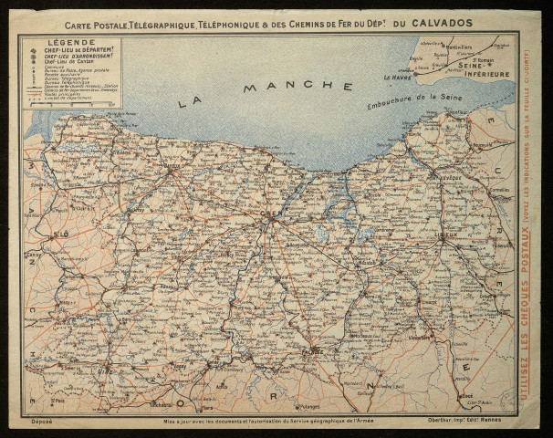 "Carte postale, télégraphique, téléphonique et des chemins de fer du Département du Calvados" (page de calendrier des postes)
