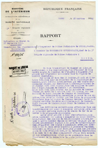 Rapports journaliers des commissariats d'Honfleur, Trouville-Deauville,  Dives...(mars - août 1959 ; très inc.) ; rapports divers du commissaire de police de Lisieux (1943  1945).