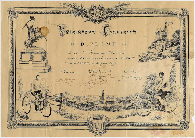 Diplôme du Vélo-Sport Falaisien décerné à Monsieur Tissier arrivé sixième dans la course de 50 km en 2h 10' 45'', le 30 Juin 1895.