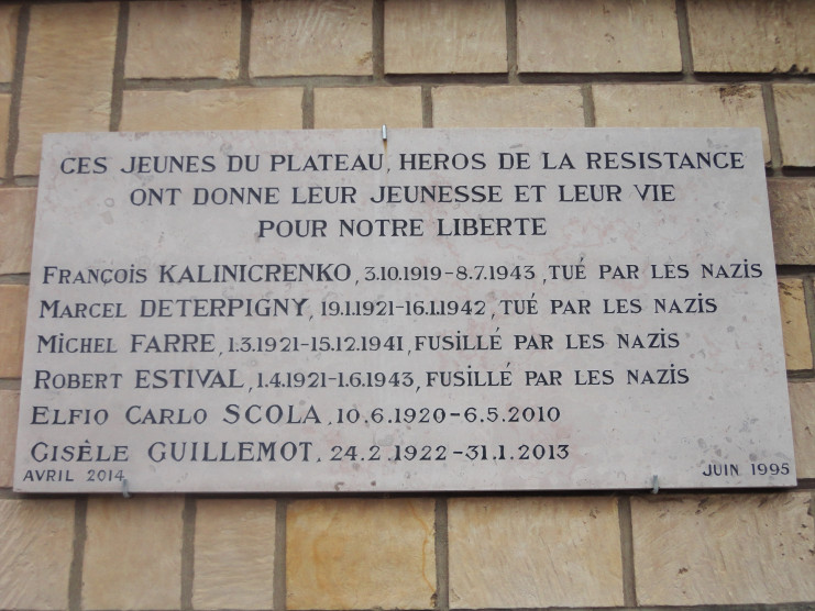 Les noms qui figurent sur cette plaque sont ceux de François Kalinicrenko, Marcel Deterpigny, Michel Farré, Robert Estival, Elfio Carlo Scola et Gisèle Guillemot.