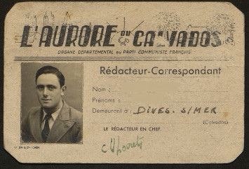 Carte avec photo du rédacteur-correspondant au journal L'Aurore du Calvados. Carte anonymisée.