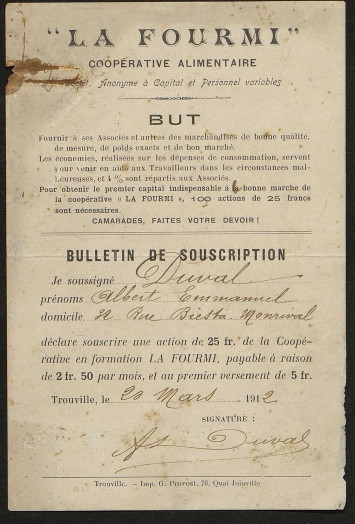 Bulletin individuel au nom d'Albert Emmanuel Duval, daté du 20 mars 1912 et présentant le but de la coopérative : "fournir à ses associés et autres des marchandises de bonne qualité, de mesure, de poids exacts et de bon marché. Les économies réalisées sur les dépenses de consommation servent pour venir en aide aux Travailleurs dans les circonstances malencontreuses et 4% sont répartis aux associés."