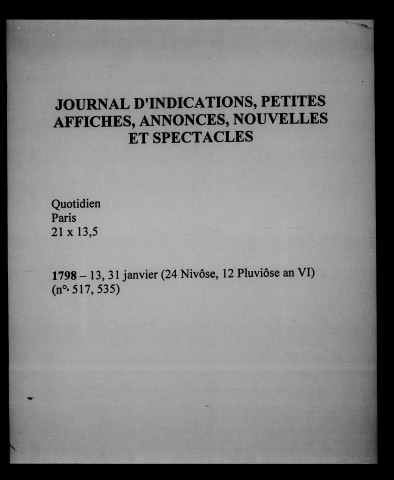 Journal d'indications, petites affiches, Annonces, Nouvelles et spectacles