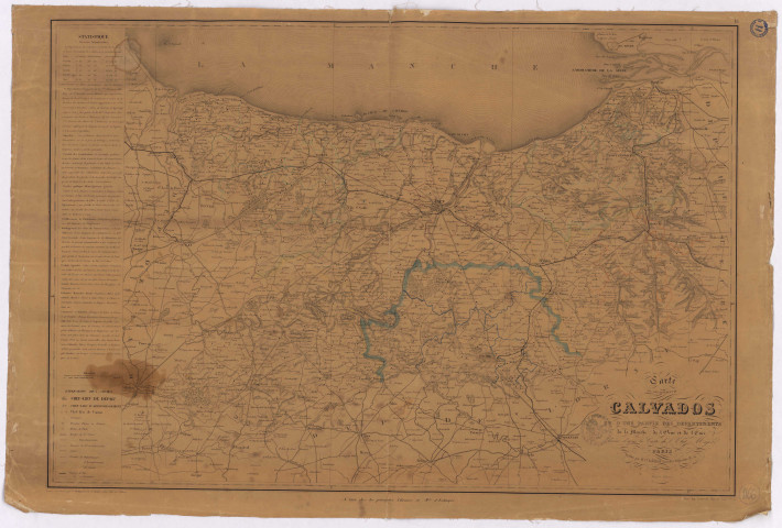 Carte du département du Calvados et d'une partie des départements de la Manche, de l'Orne et de l'Eure.