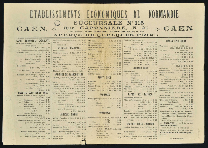 Publicités pour les Etablissements économiques de Normandie. Succursale n°115. 21, rue Caponnière et 19 rue Montoir Poissonnerie à Caen (n°11 à 13).