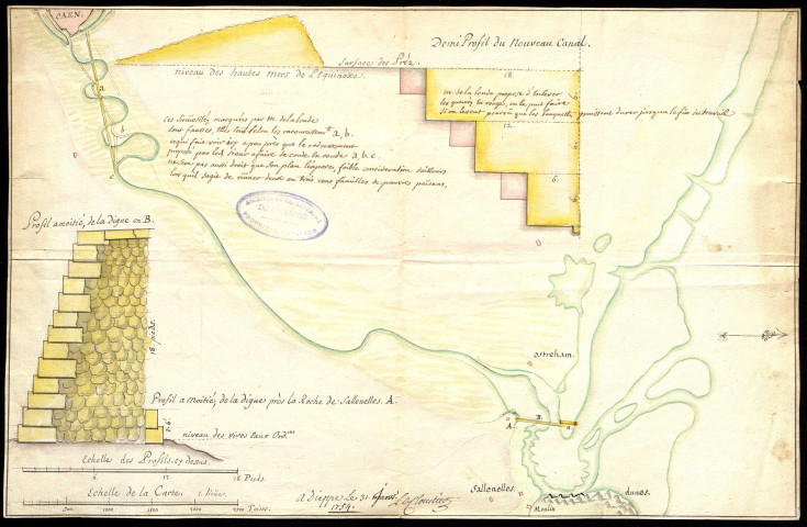 Projets de modification du cours de la rivière de l'Orne en aval de Caen, et digue près de Sallenelles