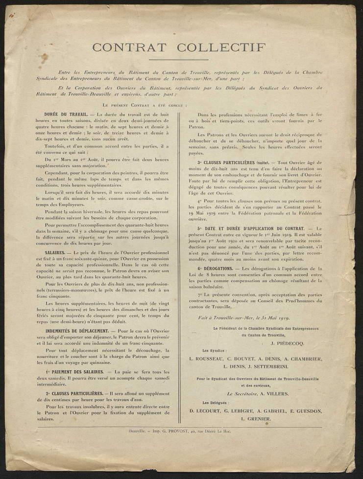 Le contrat collectif, signé en 1919, entre les entrepreneurs du bâtiment du canton de Trouville et la corporation des ouvriers du bâtiments de Deauville-Trouville.