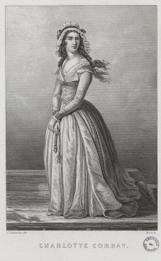 Charlotte Corday est représentée les mains attachées.