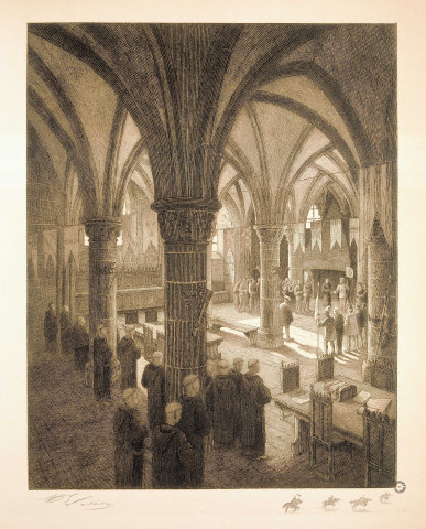 Le Mont-St-Michel : salle des chevaliers. (Avec chevaliers sur leur monture au galop, dans la marge du bas.) Par H. Voisin