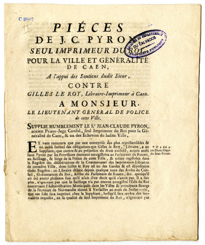 Etat de l'imprimerie à Caen, correspondance et arrêts