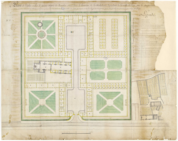 Plan de l'église et clos de Sainte-Marie de Beaulieu, situé dans le hameau de la Maladrerie de Caen