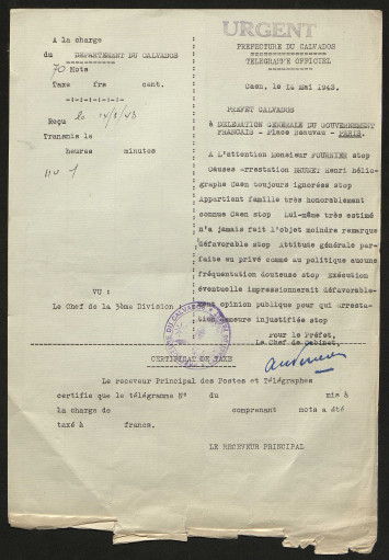 Le contenu du télégramme est le suivant : "A l'attention de monsieur Fournier stop causes arrestation Brunet Henri héliographe Caen toujours ignorées stop Appartient famille très honorablement connue Caen stop Lui-même très estimé n'a jamais fait l'objet moindre remarque défavorable stop Attitude générale parfaite au privé comme au politique aucune fréquentation douteuse stop éxécution éventuelle impressionnerait défavorablement opinion publique pour qui arrestation demeure injustifiée stop"