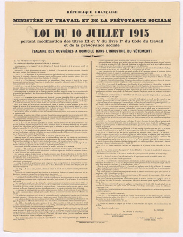 Reproduction de la loi du 10 juillet 1915 sur le salaire des ouvrières à domicile dans l’industrie du vêtement.