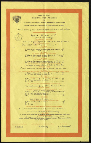 Société des régates de Cabourg-Le Home, Dives, Beuzeval-Houlgate. Président d'honneur M. l'amiral Cloué, ancien ministre de la marine. Sous le patronage et avec le concours officiel du cercle de la voile de Paris. Signé : le président du sous comité : G. Caillebotte ; le président du cercle de la voile de Paris : M. Houssay ; le président : G. de Dramard.