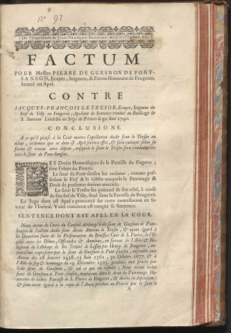 Factum pour Messire Pierre de Guesnon de Pontsanson, seigneur de Feugères (Manche) contre Jacques-François Le Trésor, seigneur de Tilly en Feugères...