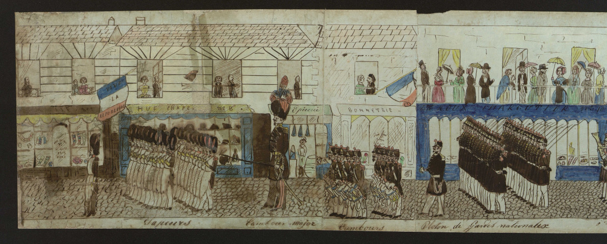 Révolution de 1848 : défilé des corps constitués de la ville de Caen lors de la plantation de l'arbre de la Liberté, le 21 avril 1848, par Malecot.