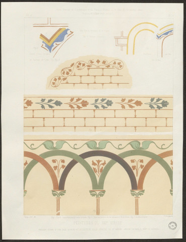 Prieuré et abbatiale de Saint-Gabriel : piscine et peintures murales du XIIIe siècle (planches extraites de "Revue générale de l'architecture et des travaux publics" dirigée par César Daly