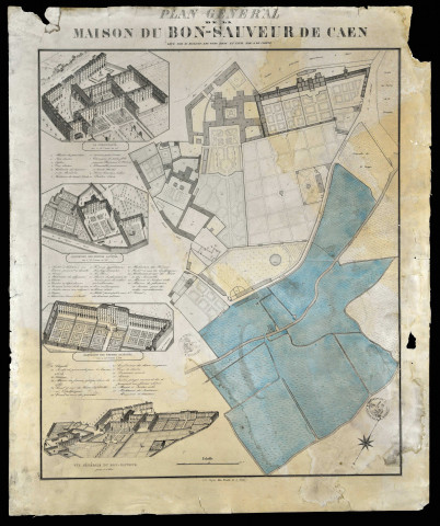 Plan général de la maison du Bon-Sauveur de Caen, avec vue perspectives générales, des habitations des femmes et des hommes et de la communauté