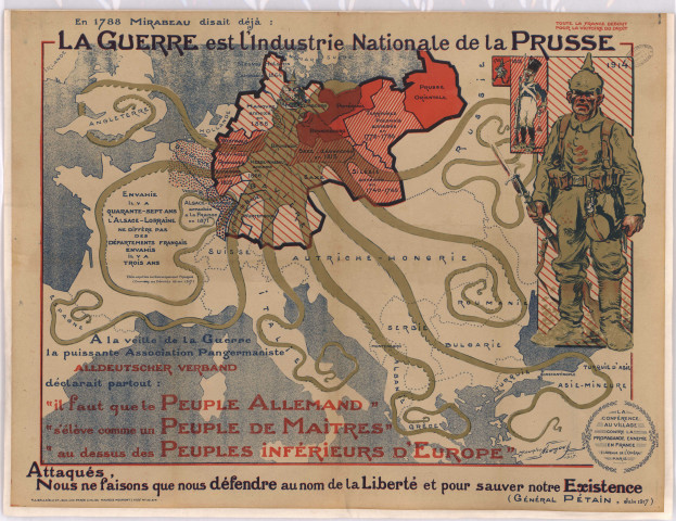 Affiche illustrée montrant la pieuvre allemande dévorant l’Europe.