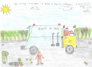 Une benne à ordures ménagères a été dessinnée par l'enfant. Il est inscrit Caen la mer sur le camion.