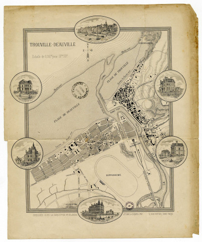 Trouville - Deauville : plan des localités. En vignettes : port de Trouville (marée basse) ; villa Boitelle ; villa Lemaitre ; villa de Morny ; villa de Montebello ; m(aison) Breney, Mre Deauv(il)le.