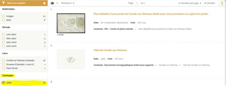 Capture d'écran des résultats de recherche pour la commune de Condés-sur-Noireau et le filtre Typologie "carte"