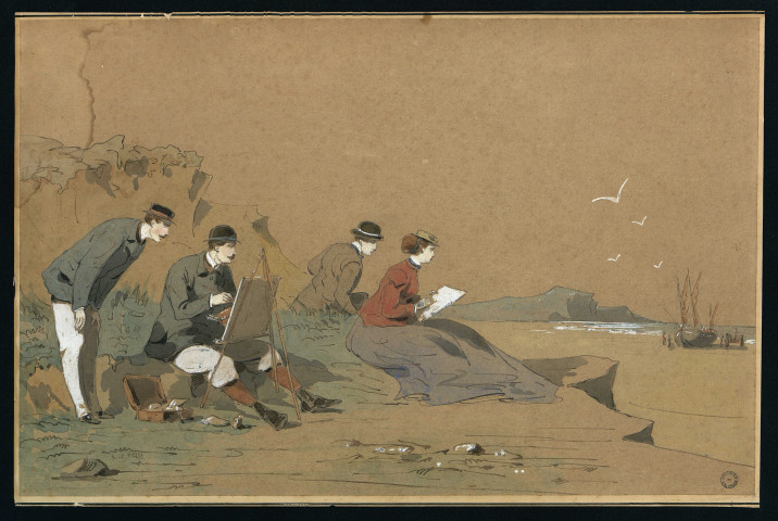 Bord de mer, 4 personnages dont une femme dessinant et un homme peignant, par Septime Le Pippre