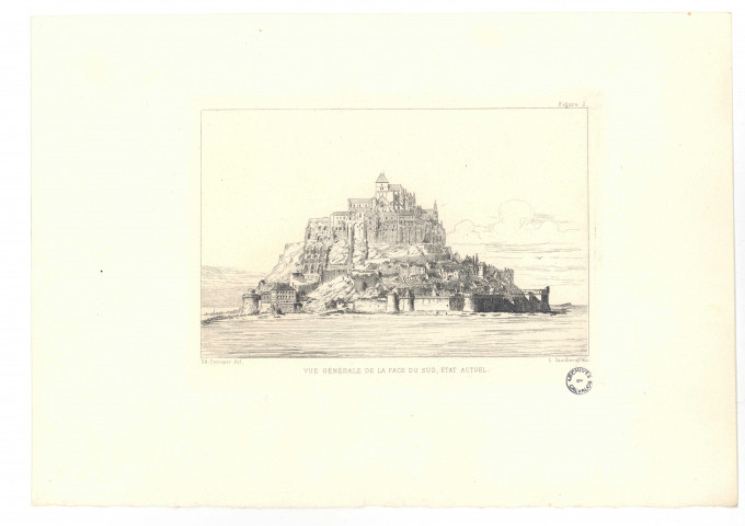(Le Mont-Saint-Michel) Vue générale de la face du sud, état actuel. (Extrait d'ouvrage :) Figure 2. Par Ed. Corroyer et L. Gaucherel,