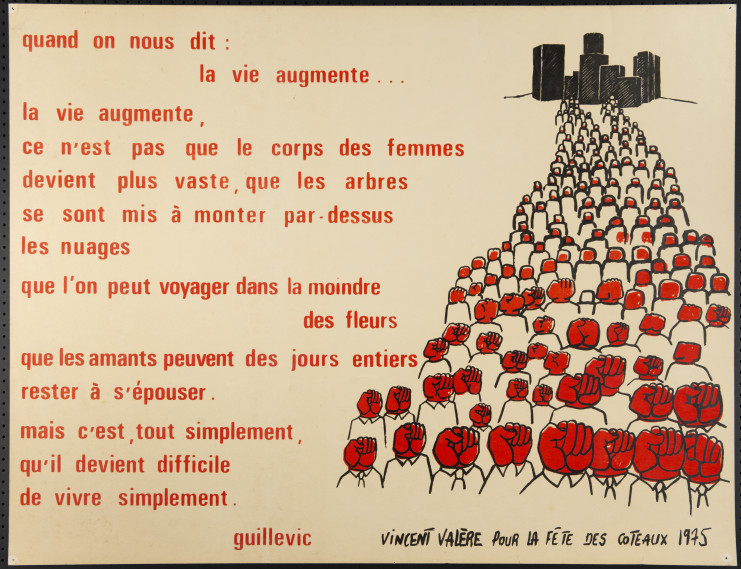 A gauche, poème "Le vie augmente" de Guillevic. A droite de l'affiche, un dessin signé Vincent Valère.