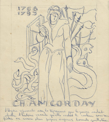 Charlotte Corday est représentée un poignard à la main avec des serpents autour d'elle. Les dates 1768-1793 sont écrites en haut à gauche.