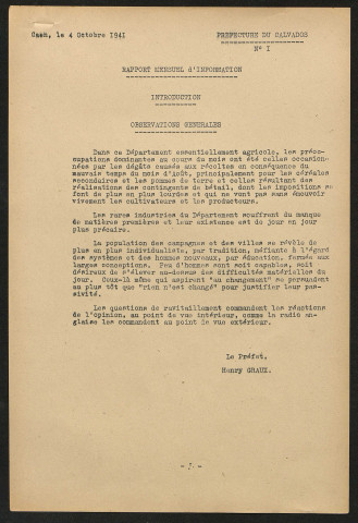 Rapport du préfet Graux pour le mois de septembre 1941