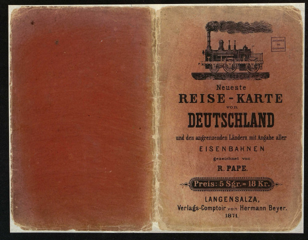 Neueste Reise-Karte von Deutschland und den angrenzenden Ländern mit Angabe aller Eisenbahnen (carte de l'Allemagne avec chemins de fer), par R. Pape