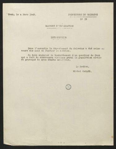 Rapports du préfet Cacaud pour les mois de janvier à décembre 1943
