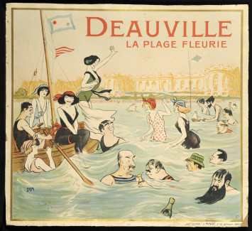 Femmes et hommes se baignent ensemble dans cette représentation caricaturale.