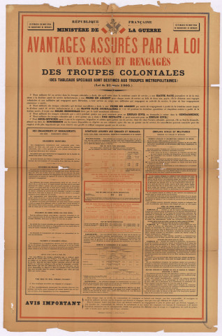 Tableau présentant les avantages accordés aux militaires des troupes coloniales françaises.