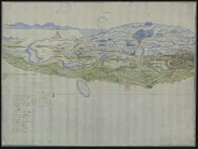 Plan de la baie du Mont-St-Michel et pays environnant, Tombelaine, rivières de Sée et Sélune, perspective de la ville d'Avranches, sa cathédrale, ses murs