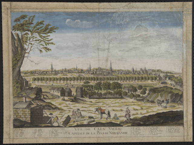 "Vue de Caen. Ville capitale de la Basse Normandie" (vue de la ville depuis Vaucelles), par Philippe Buache d'après le dessin de François-Richard de La Londe
