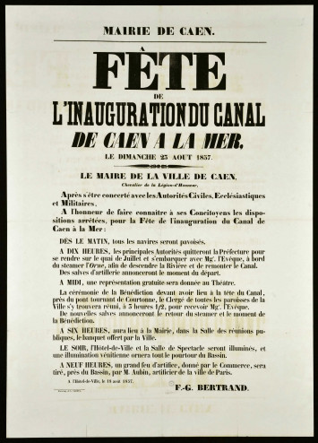 Affiche du programme des festivités pour les fêtes d'inauguration du canal de Caen à la mer, 1857, AD14, 3S/49
