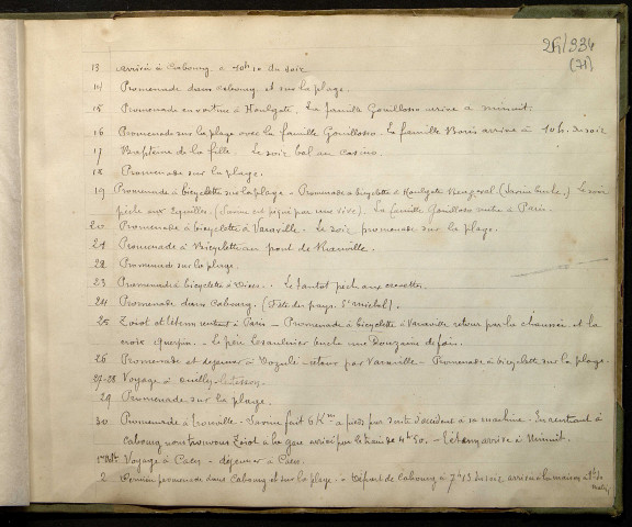 Page de couverture de l'album ; Plan de Cabourg ; Monographie, présentation de Cabourg ; Calendrier, descriptif journalier du séjour ; Carte des environs de Cabourg