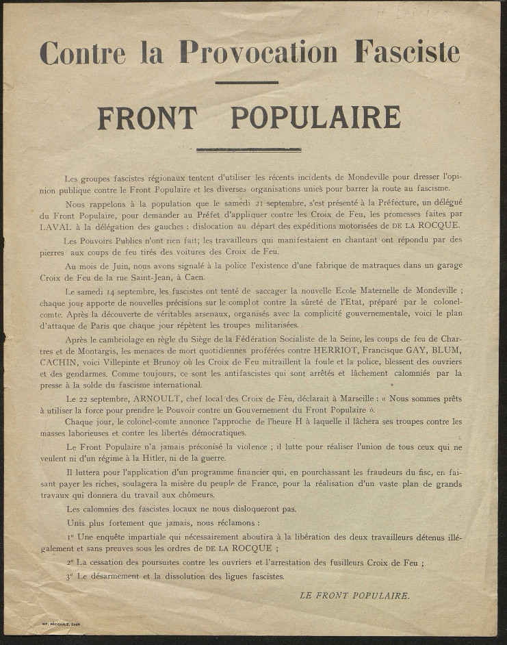 Dénonciation des actions des groupes fascistes et d'extrême droite en Normandie, appel à l'union.