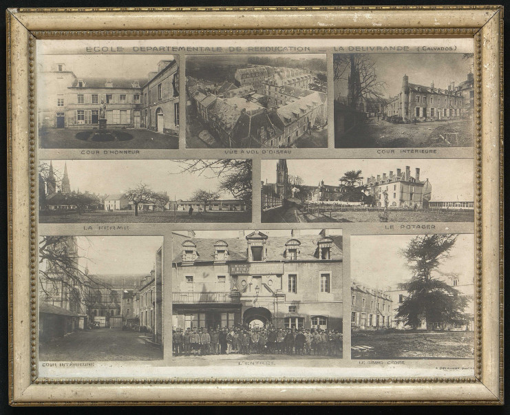 Ce cadre comporte plusieurs photographies de l'école représentant les cours d'honneur et intérieure, la ferme, le potager et le grand cèdre ainsi que des élèves devant l'entrée.